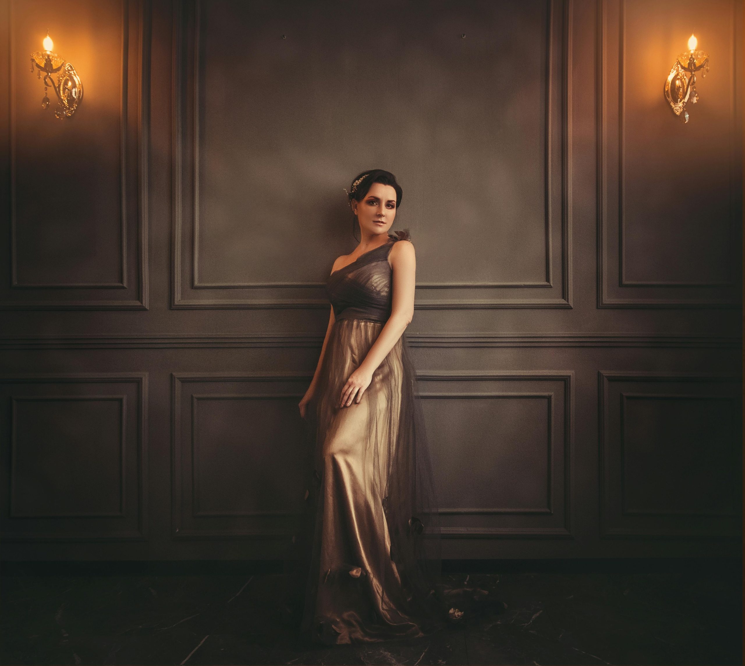 Woman in classical style evening gown of Bridgerton
